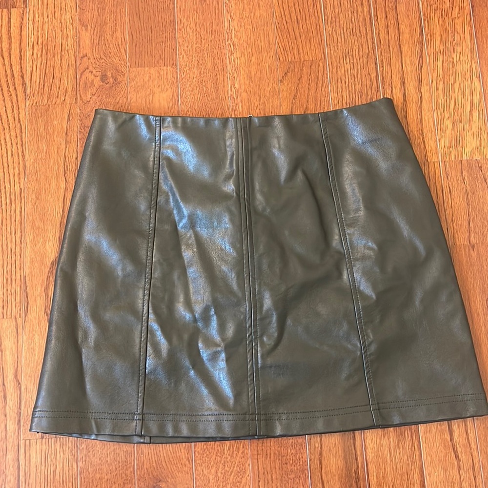 Olive green faux leather skirt.